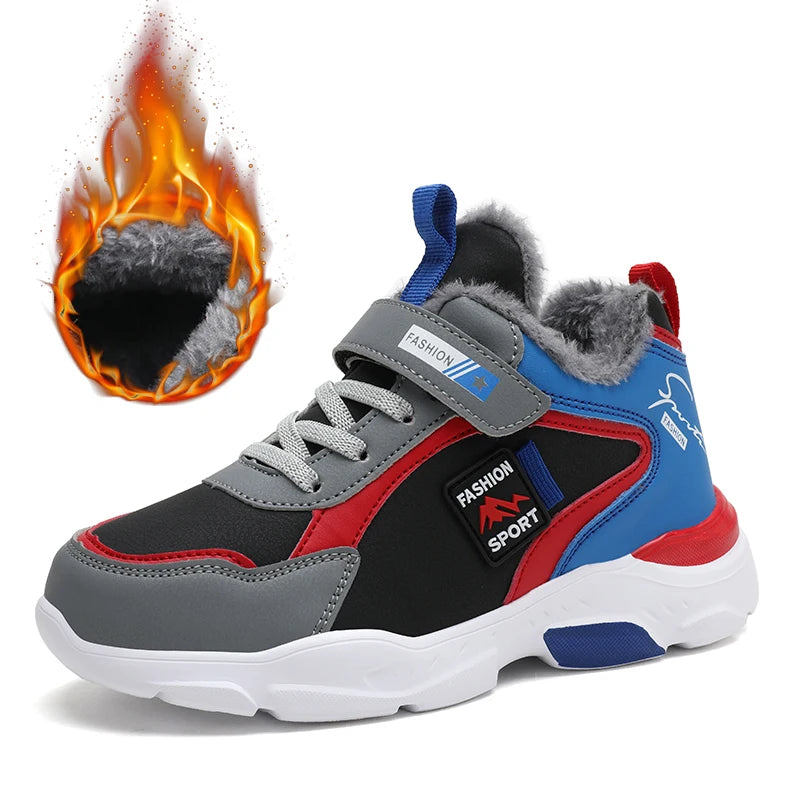 Winter Kids Sneakers – Warm Fur-Lined, Non-Slip Waterproof Leather Shoes for Boys & Girls, Casual Running and Trekking